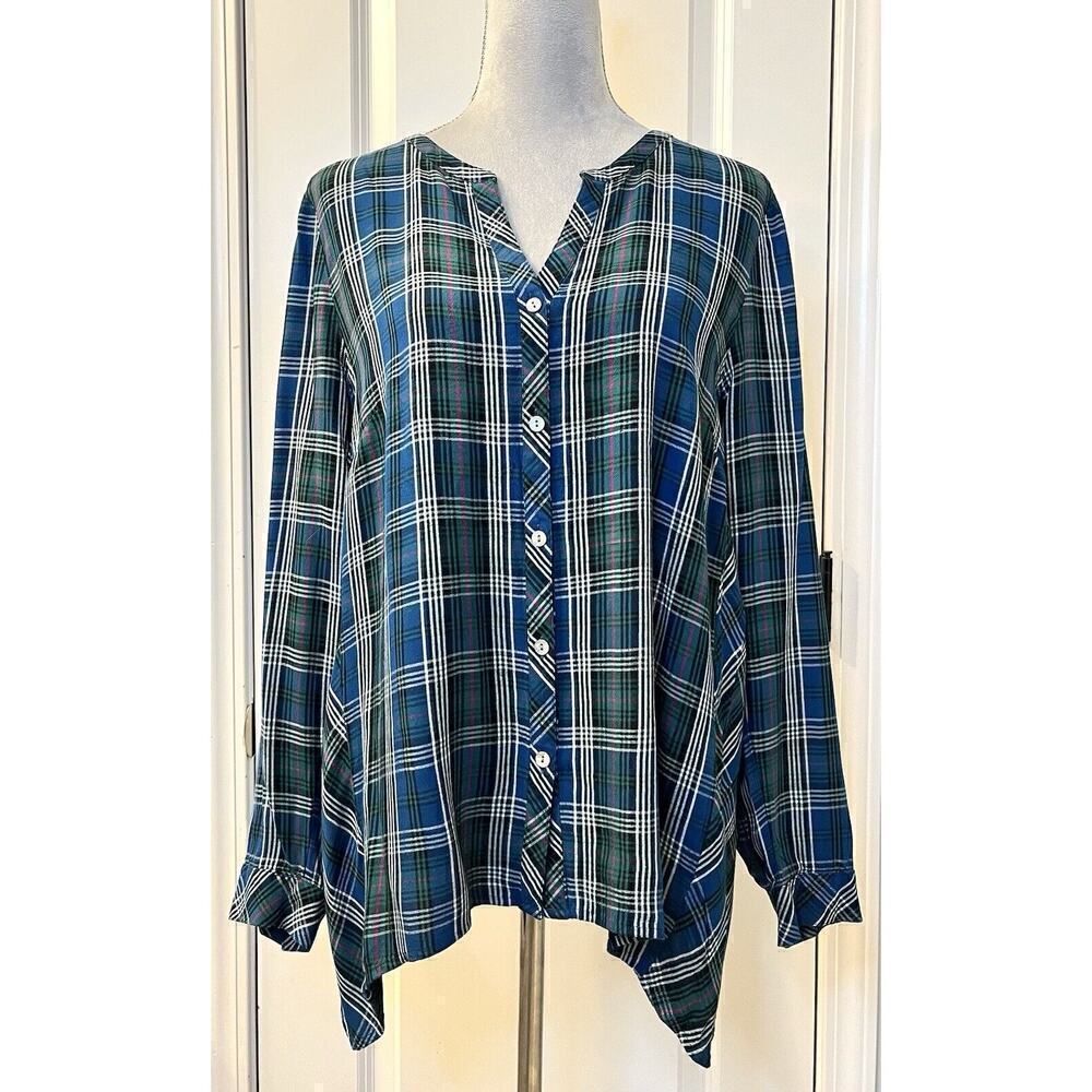 J. Jill Women’s Blue Plaid LS Tunic Blouse Button Up Shark Hem Split Neck